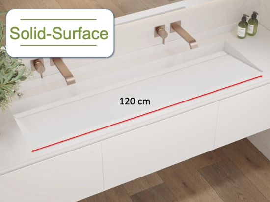 Plan vasque, bassin incliné grand taille 120 cm : L 130 à 201 x P 40 à 51 cm, finition lisse mate, Solid-Surface, résine Akrytan® teinté dans la masse, Livraison Offerte.
